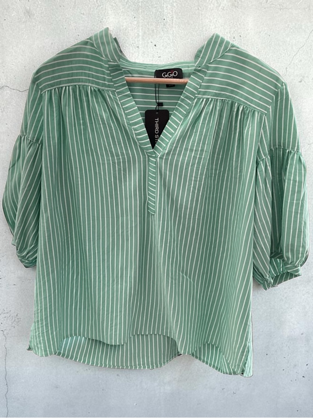 Green Striped Blouse with Sleeves  - White Stripe Detail